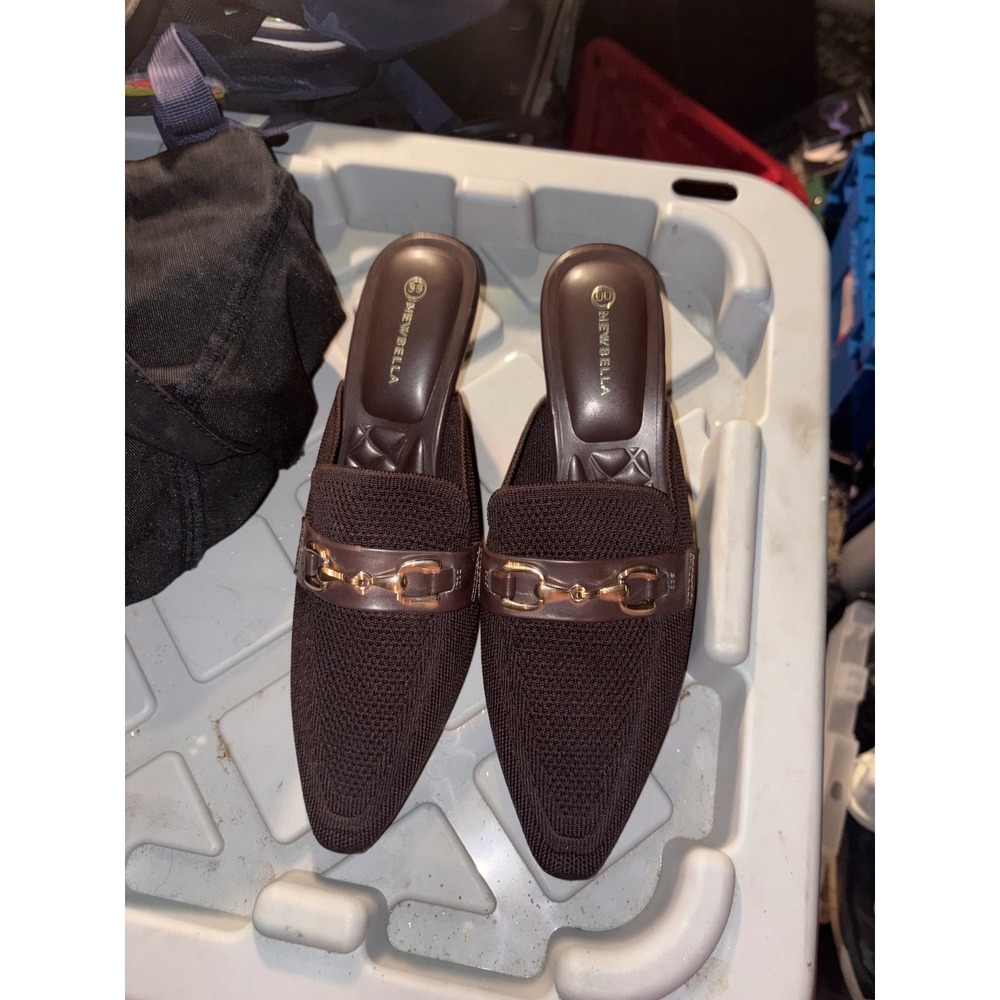 Newbella Womens Brown Knit Pointed‎ Toe Wedge Mules Gold Horsebit Size 9